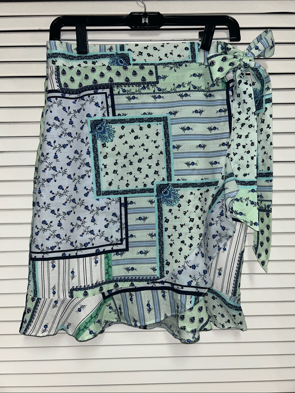 LOFT Mint Green and Light Blue Patchwork Mock Wrap Skirt with Ruffle